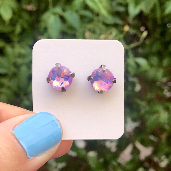 Pink-Purple Opal Aurora Borealis Antique Brass Crystal Stud Earrings - Picture 3 of 4